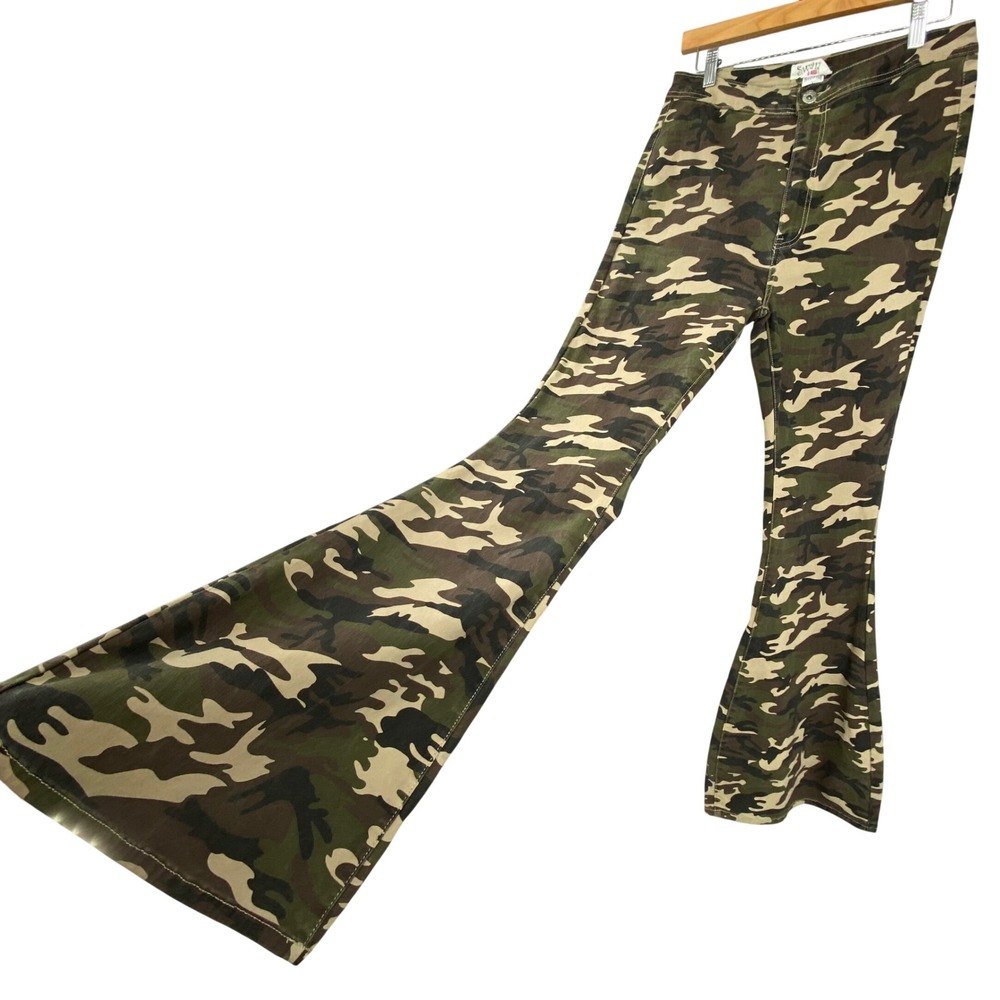 Swank A Posh Camouflage Flare Pants Womens 2X Green Camo High Rise Bell Bottoms